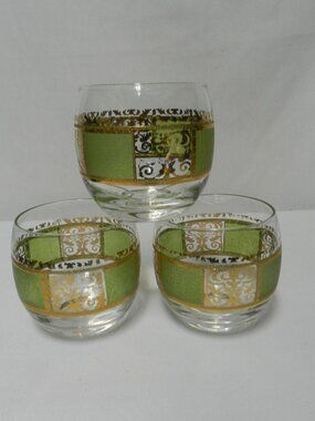 Culver Prado Gold w/ Green Roly Poly water glass Set 3 Vintage 1960's 3.3" T